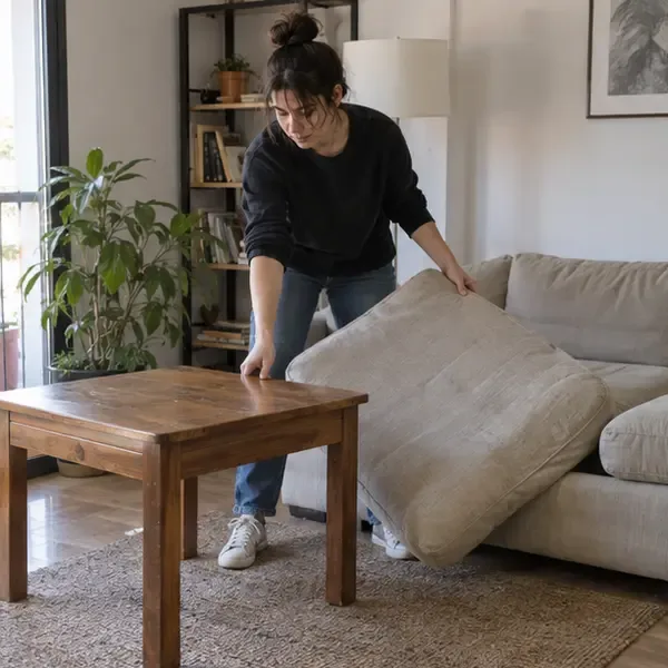 Una persona separa un cojín de sofá y una mesa de madera en el salón antes de solicitar la retirada de enseres