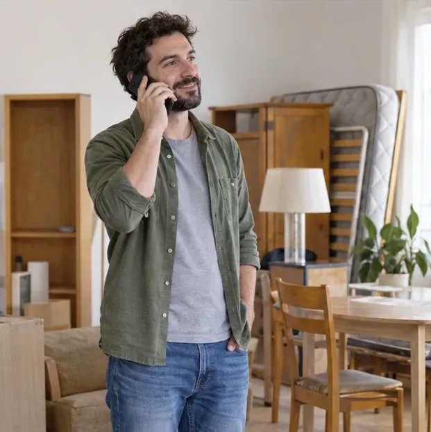 Un hombre hace una llamada en una habitación con varios muebles.