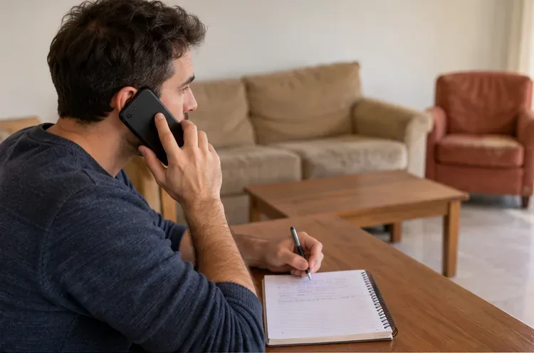 Un hombre llama por teléfono mientras anota información en un cuaderno, con varios muebles al fondo.