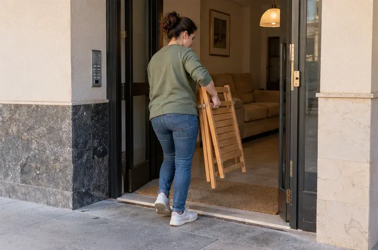 Una mujer mueve una silla plegable hacia la entrada de un edificio, con un sofá aún dentro de la vivienda.