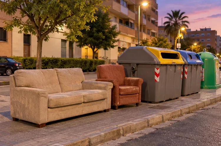 Un sofá y un sillón junto a varios contenedores en una calle residencial al atardecer.