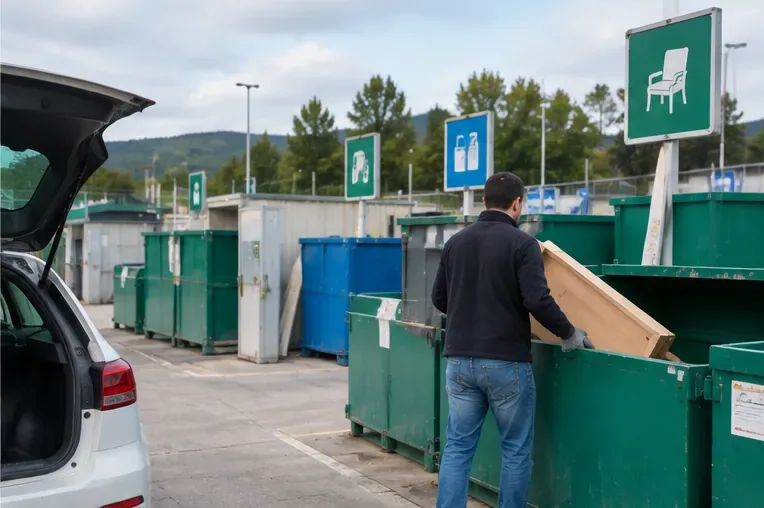 Persona depositando un panel de madera en un contenedor de un punto limpio desde su vehículo