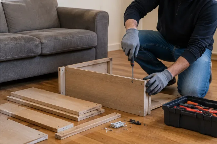 Persona desmontando una pequeña estantería de madera con destornillador y guantes