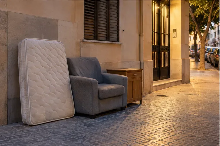 Un colchón, un sillón y una mesita colocados de forma compacta junto a la fachada de una vivienda sin tapar el paso principal