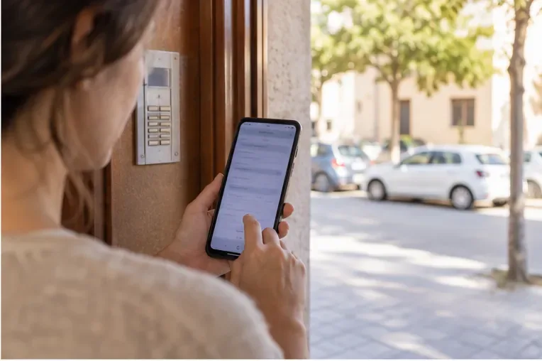 Una residente consulta información desde el teléfono móvil junto a la entrada de su vivienda en una calle de Palma