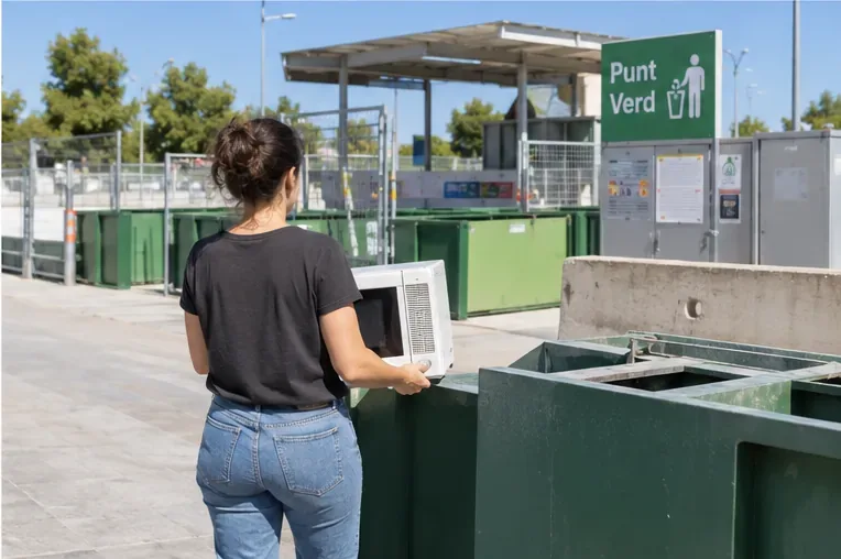 Una persona lleva un pequeño aparato eléctrico a una instalación de recogida selectiva con contenedores diferenciados