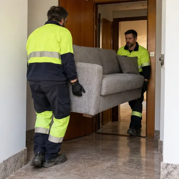 Dos operarios trasladan un sofá por una puerta despejada dentro de un edificio