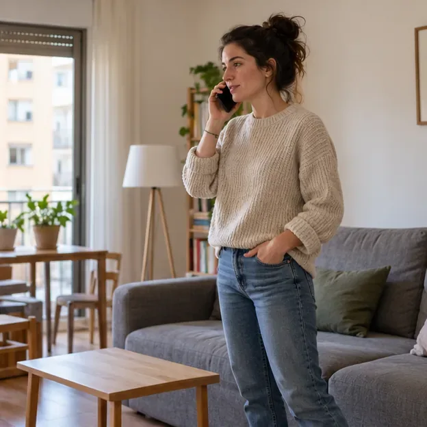 Una residente llama desde su vivienda mientras el sofá que quiere retirar está visible en el salón