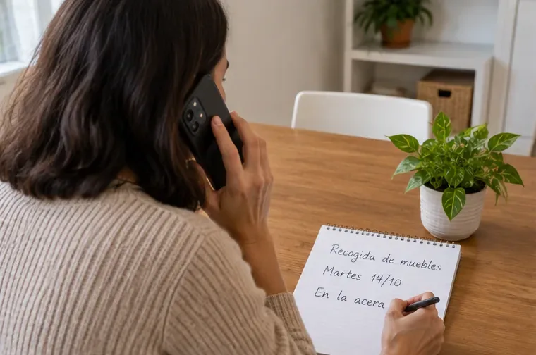 Persona llamando por teléfono y anotando la fecha acordada para la recogida de muebles