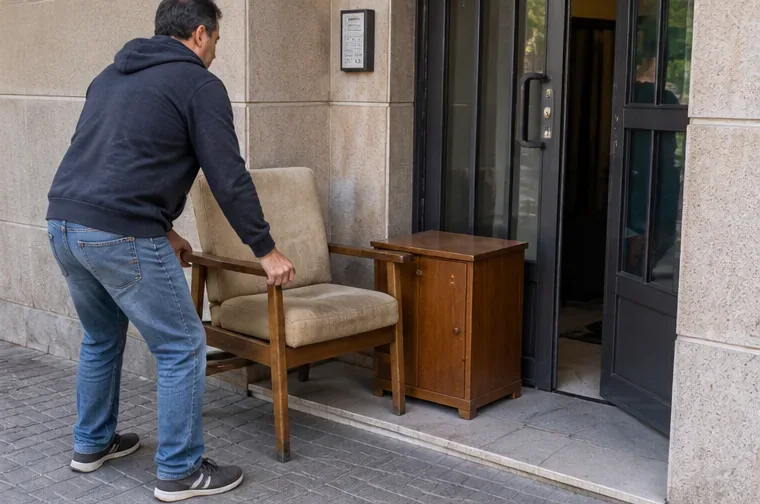 Persona sacando con cuidado un sillón y una mesita desde el portal de una vivienda
