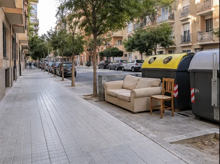 Un sofá y una silla se sitúan en un espacio lateral junto a contenedores y queda libre una acera amplia.