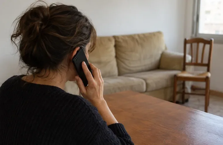 Una residente habla por teléfono junto a un sofá y una silla en el salón.