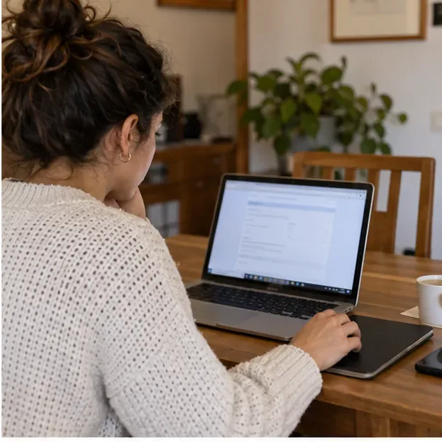 Una usuaria completa desde casa una solicitud web en un portátil