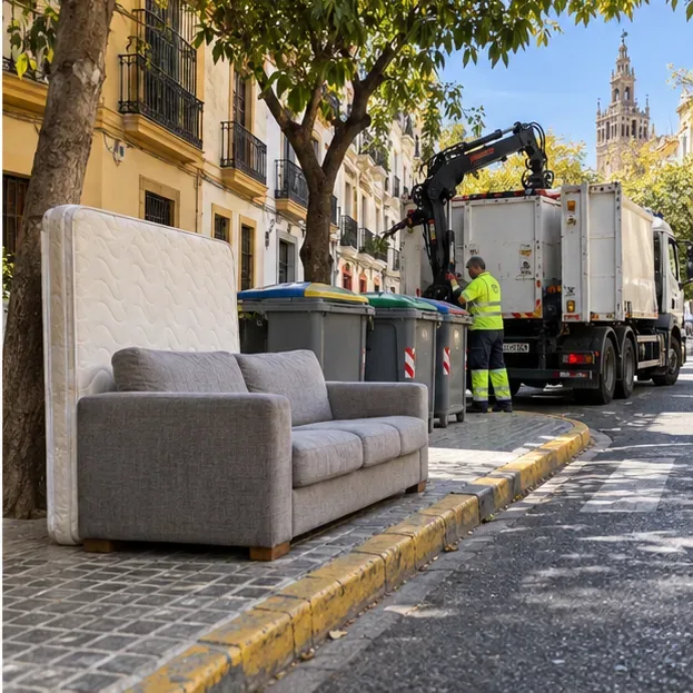 Un sofá y un colchón en la calle junto a un camión municipal de recogida