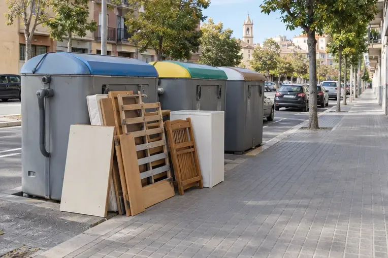 Tableros y muebles desmontados colocados de forma ordenada junto a contenedores, dejando libre la acera