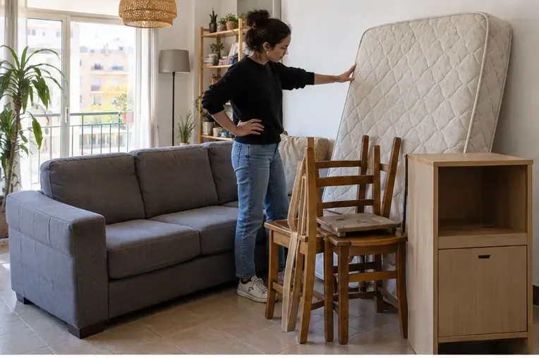 Una residente revisa un sofá, un colchón, varias sillas y un mueble antes de pedir la recogida de enseres voluminosos