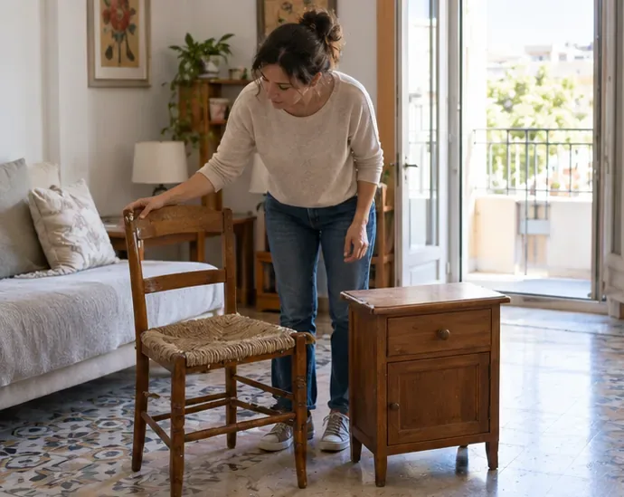 Una mujer revisa una silla y una mesita para valorar su estado y posible reutilización