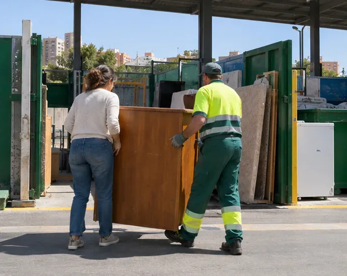 Una persona y un operario descargan un mueble voluminoso en un centro de recogida municipal