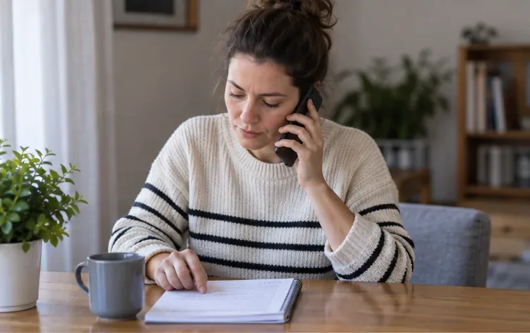Una mujer habla por teléfono mientras consulta una libreta con la lista de muebles que quiere retirar.