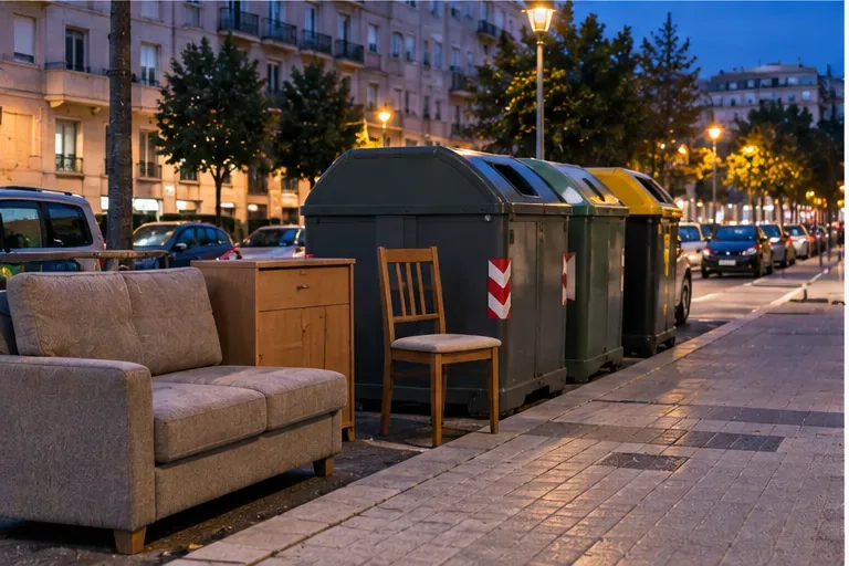 Sofá, silla y mueble colocados junto a contenedores urbanos al anochecer sin bloquear la acera