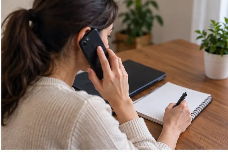 Persona hablando por teléfono y tomando notas para solicitar la recogida municipal de muebles y enseres en Vigo