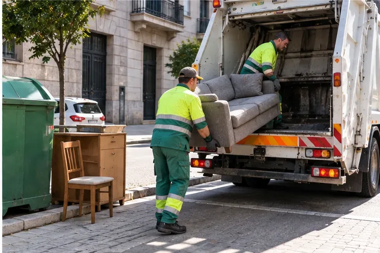 Dos operarios municipales cargando un sofá en un camión de recogida mientras otros muebles esperan junto al contenedor