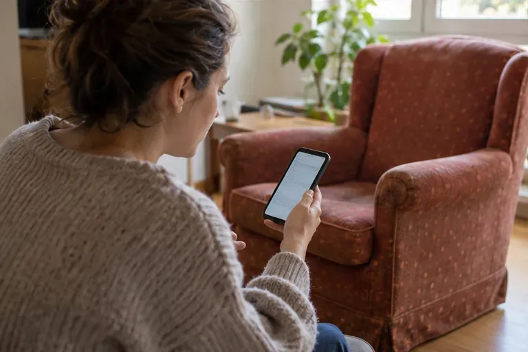 Una residente consulta en su teléfono un mensaje junto a un sillón que espera la recogida.