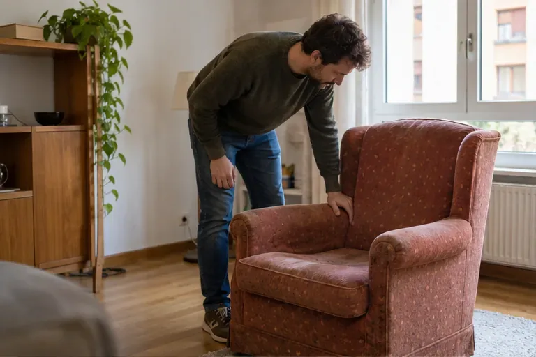 Una persona revisa un sillón usado en el salón de una vivienda antes de solicitar su retirada.