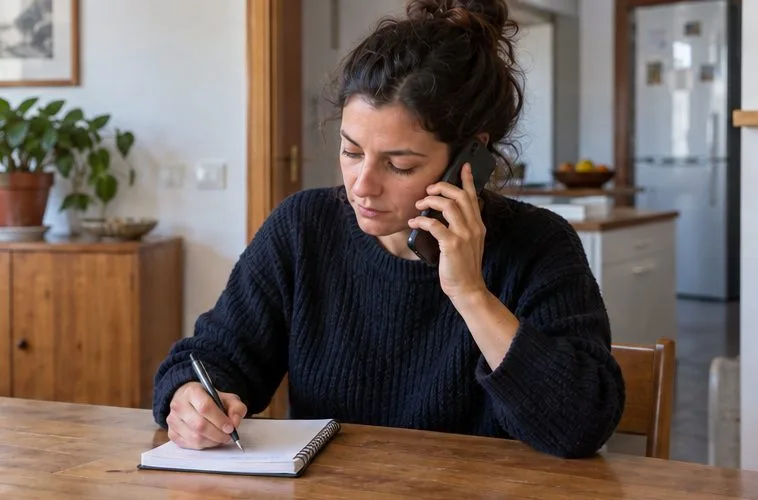 Una mujer habla por teléfono y anota en un cuaderno los datos de los muebles y la dirección de recogida.