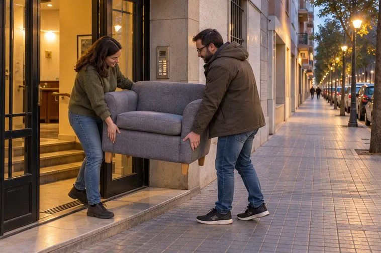 Dos personas transportan un sofá por la entrada de un edificio hacia la acera al anochecer, con el paso peatonal despejado.