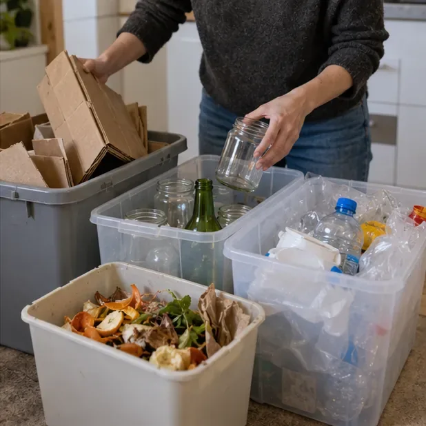 Cartón, frascos de vidrio, envases y restos vegetales separados en recipientes domésticos