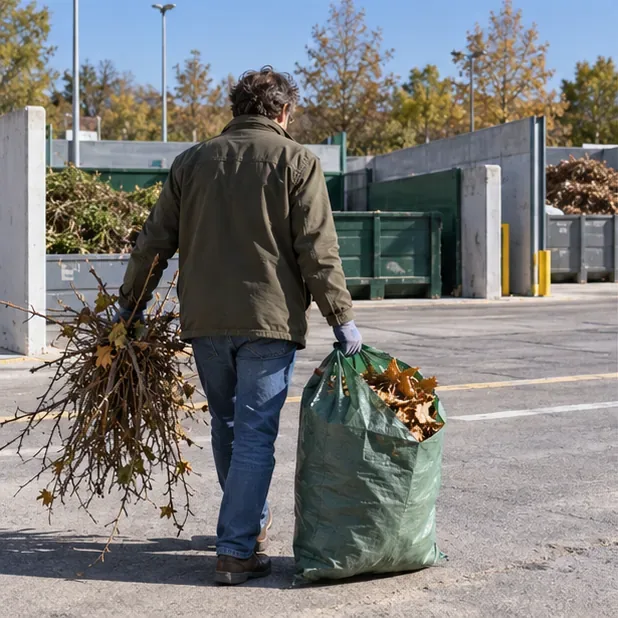 Un residente lleva ramas de poda y una bolsa de hojas a una instalación municipal de reciclaje