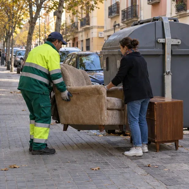 Un operario y una residente trasladan un sillón junto a un contenedor, sin cerrar el paso peatonal