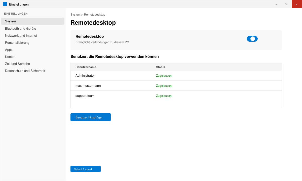 Windows 11 Einstellungen mit aktiviertem Remotedesktop-Schalter