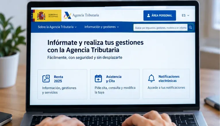 Ordenador portátil con una vista orientativa del acceso a Renta 2025 en la Sede de la Agencia Tributaria