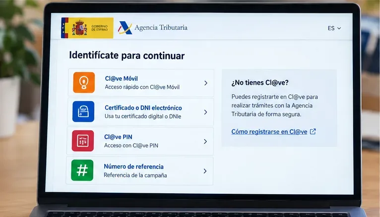 Pantalla orientativa con métodos de identificación electrónica para acceder a un trámite de Renta