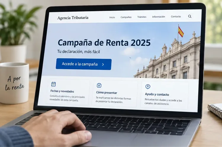 Portátil con la página de la Campaña de Renta 2025 y el botón Accede a la campaña