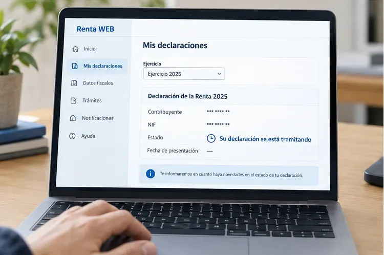 Área personal de Renta WEB con la declaración del ejercicio 2025 y el estado Su declaración se está tramitando