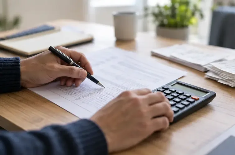 Una mano revisa cifras en un documento con un bolígrafo y una calculadora al lado