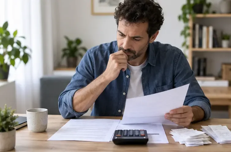 Una persona compara documentos fiscales impresos con una calculadora y varios justificantes sobre una mesa