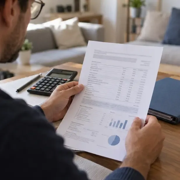 Un contribuyente revisa una hoja de resumen fiscal junto a una calculadora y una carpeta