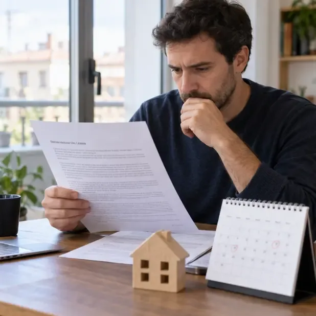Un propietario revisa un contrato de arrendamiento junto a un calendario y una maqueta de vivienda
