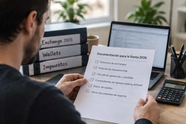 Persona comprobando una lista de documentación para la Renta 2026 con archivadores de exchanges, wallets e impuestos sobre una mesa
