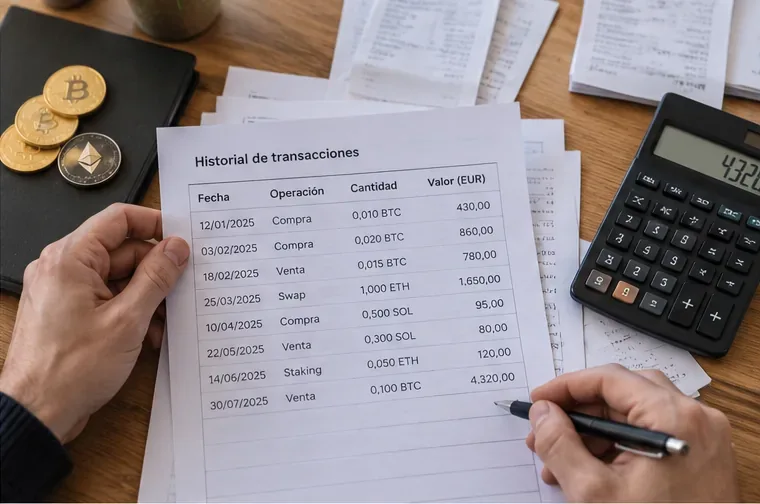 Manos revisando un historial impreso de compras, ventas, swaps y otras operaciones con criptomonedas junto a una calculadora