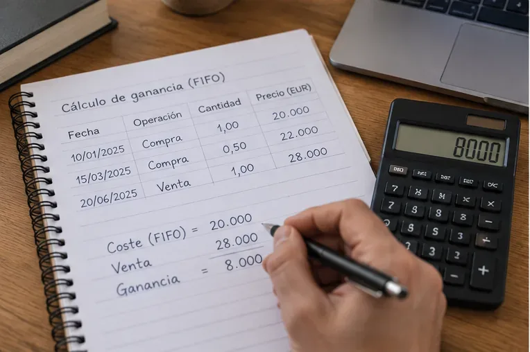 Cuaderno con un ejemplo de cálculo FIFO de una ganancia de criptomonedas junto a una calculadora