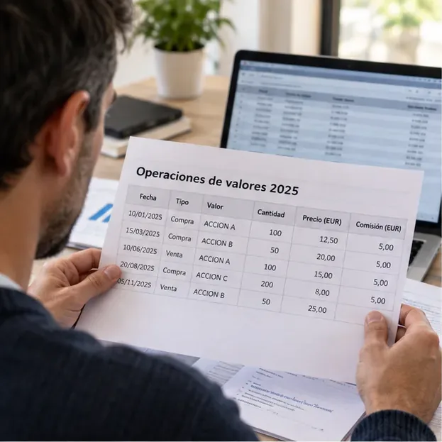 Persona revisando un informe de operaciones de valores de 2025 con compras, ventas, cantidades, precios y comisiones antes de preparar la Renta 2026
