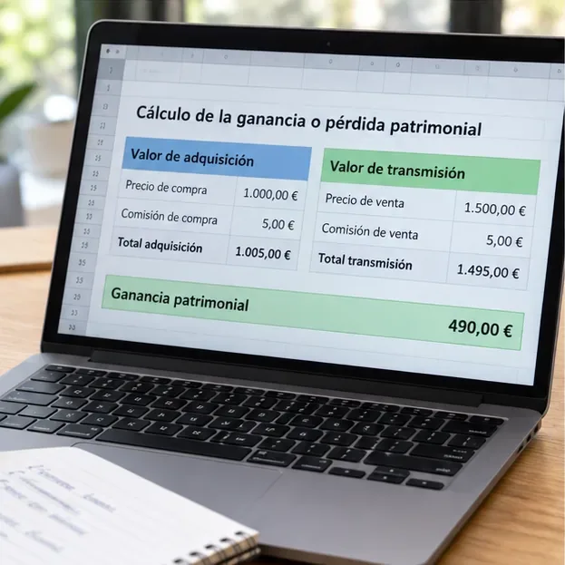 Portátil con una hoja de cálculo que compara valor de adquisición, valor de transmisión, comisiones y una ganancia patrimonial de ejemplo