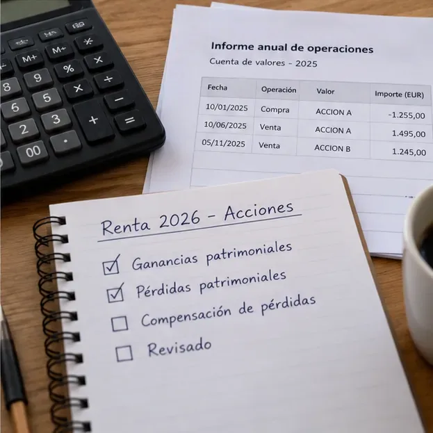 Cuaderno con una lista de comprobación de Renta 2026 para ganancias patrimoniales, pérdidas y compensación junto a un informe anual de operaciones