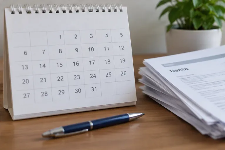 Un calendario de sobremesa junto a varios documentos de Renta y un bolígrafo