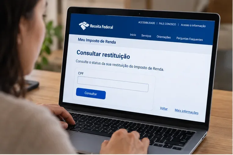 Uma pessoa consulta a restituição do Imposto de Renda em um notebook, na página de consulta da Receita Federal.